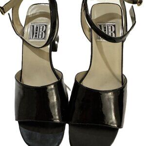 Vintage Mixed Blues Black Patent Leather Low Block Heel Sandals